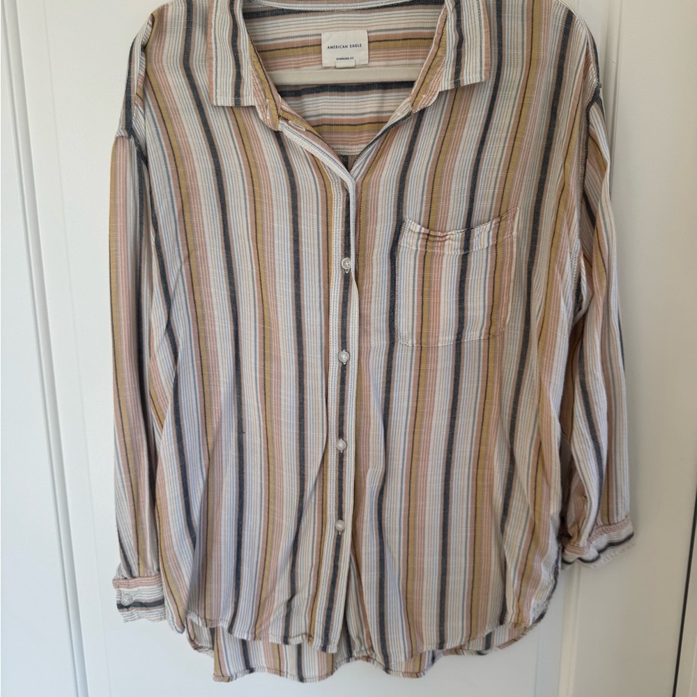 American Eagle Outfitters Multistripe Button-Down Shirt in Cream, Tan & Blue
